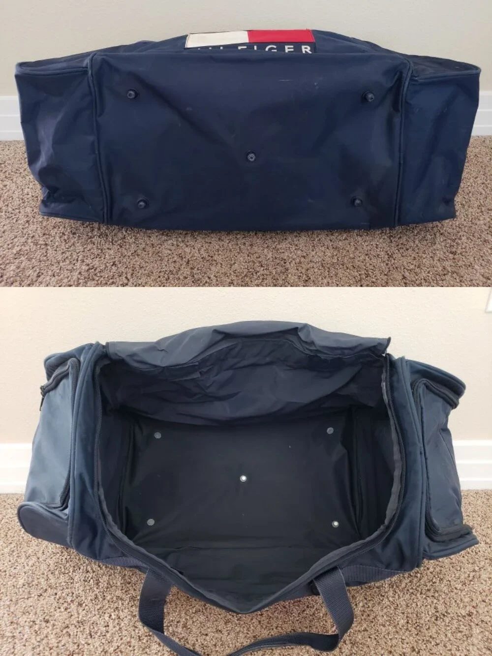 Vintage 90s Tommy Hilfiger Navy Blue Oversized Duffle Bag Weekender Gym Travel